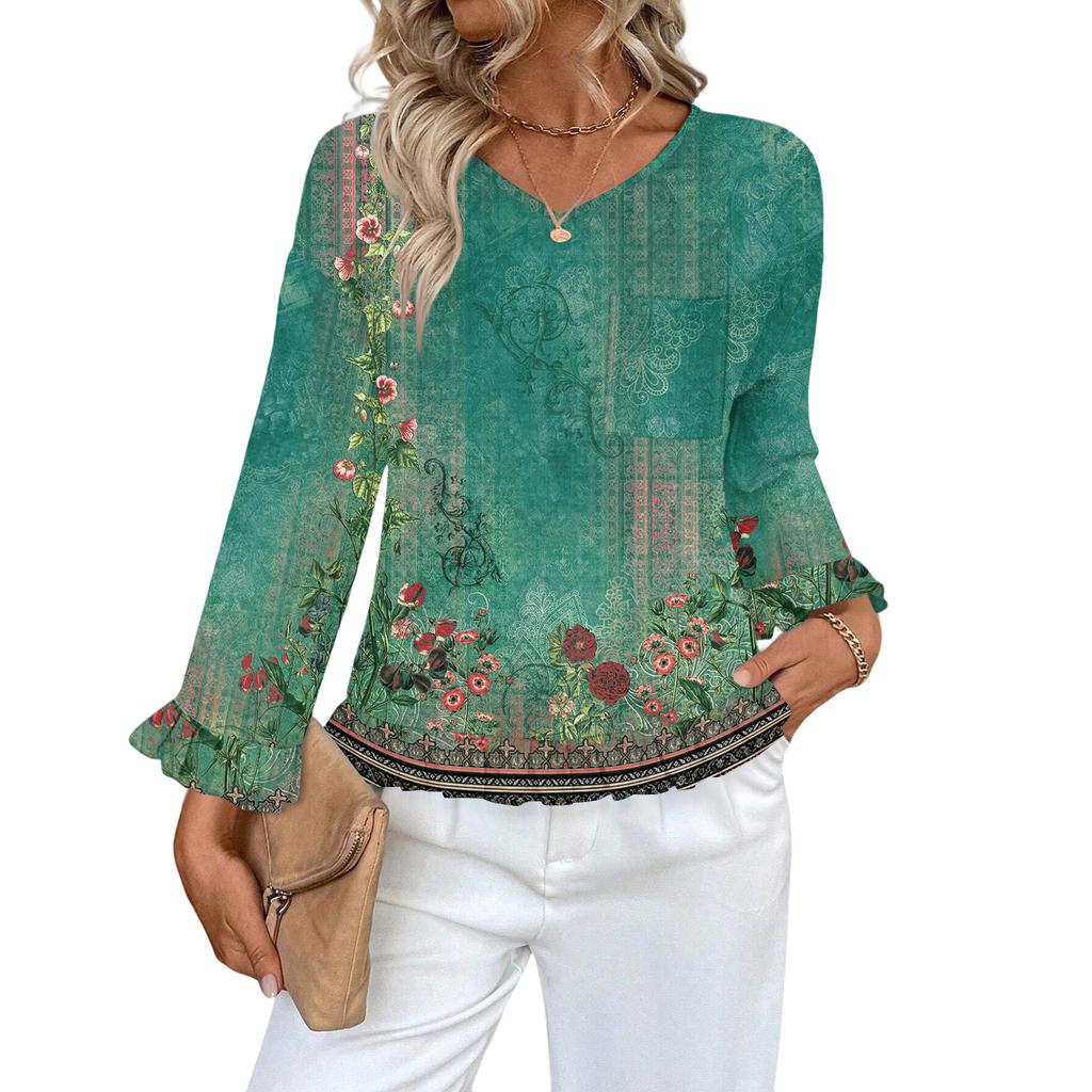 Dámský ležérní módní top s volánky, výstřihem do V, potiskem a dlouhým rukávem