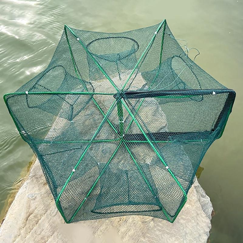 Fishing Shrimp Cage Baits Mesh Net Foldable Fish Trap Cage 6/8 Hole Folding Fishing Net Automatic Fishing Trap Net