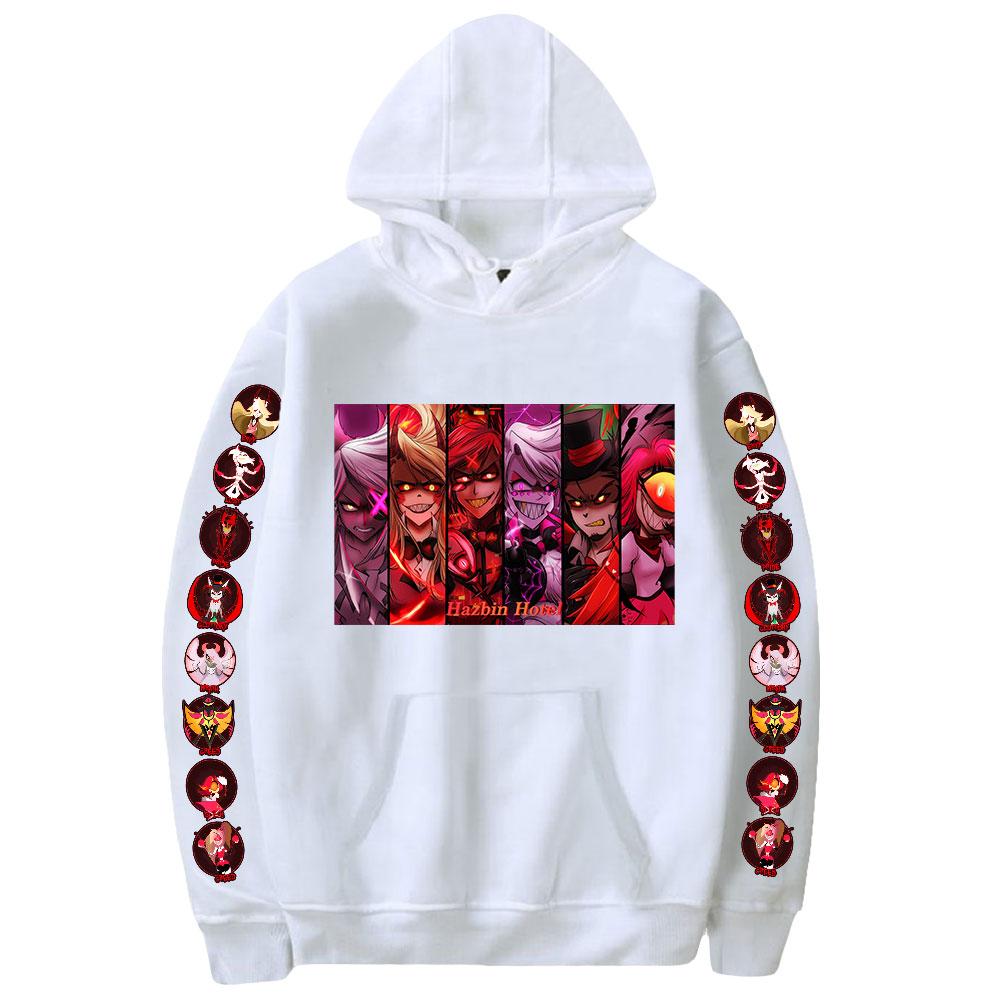 

Мужская женская толстовка с капюшоном в стиле аниме Hazbin Hotel Толстовки с рисунком Уличная одежда Harajuku Повседневная пуловер с капюшоном с принтом Hazbin Hotel Толстовки L белый