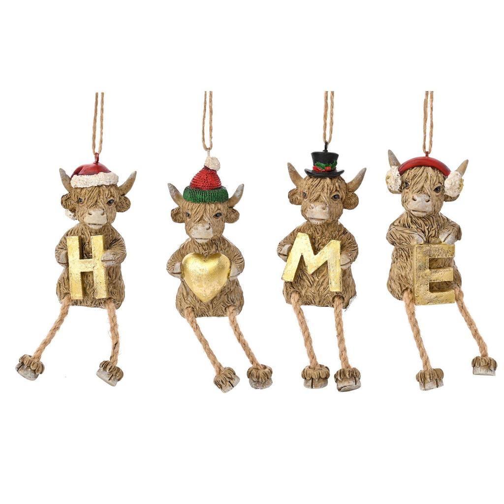 Set of 4 Highland Cow Decorations 'Home'