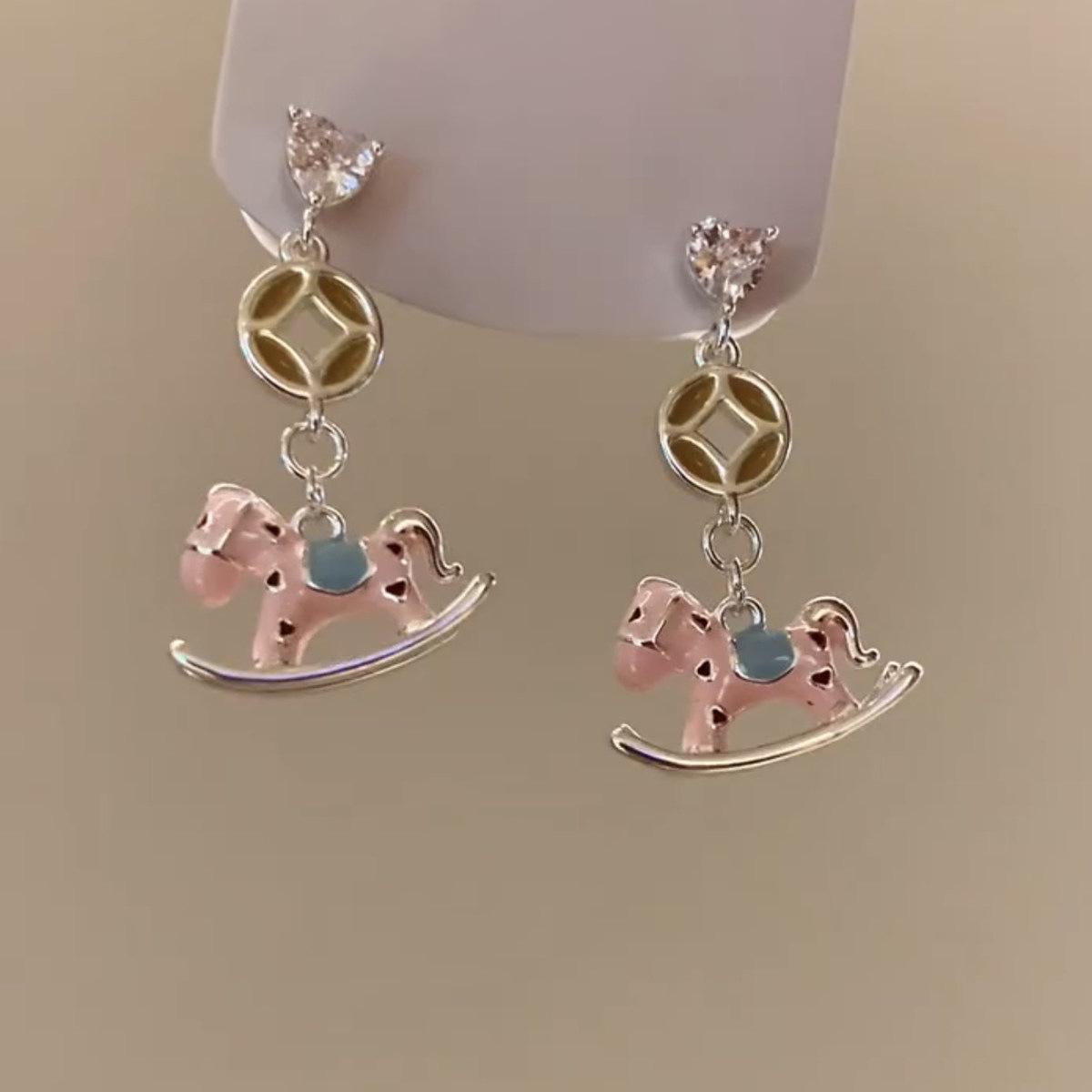 Silver Needle Diamond Drip Oil Life Pony Pendant Earrings Sweet Versatile Stud Earrings Niche Premium Earrings