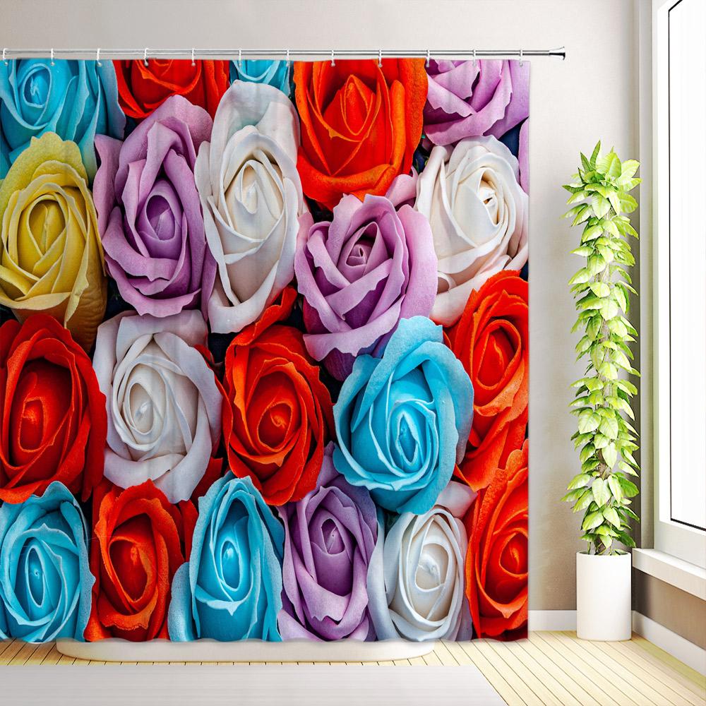 Red Rose Flower Shower Curtain Romantic Paris Vintage Eiffel Tower Stamp Floral Butterfly Abstract Art Bathroom Decor with Hooks