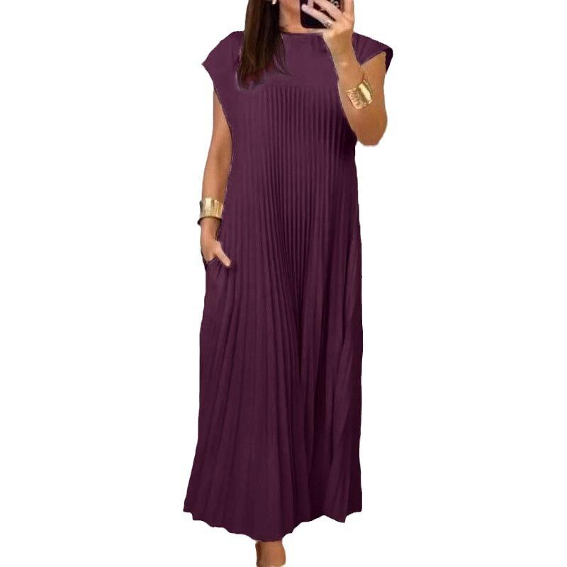 Warm Season Latest Women's Clothing Elegant Round Neck Sleeveless Fashionable Pleated Sway Dress