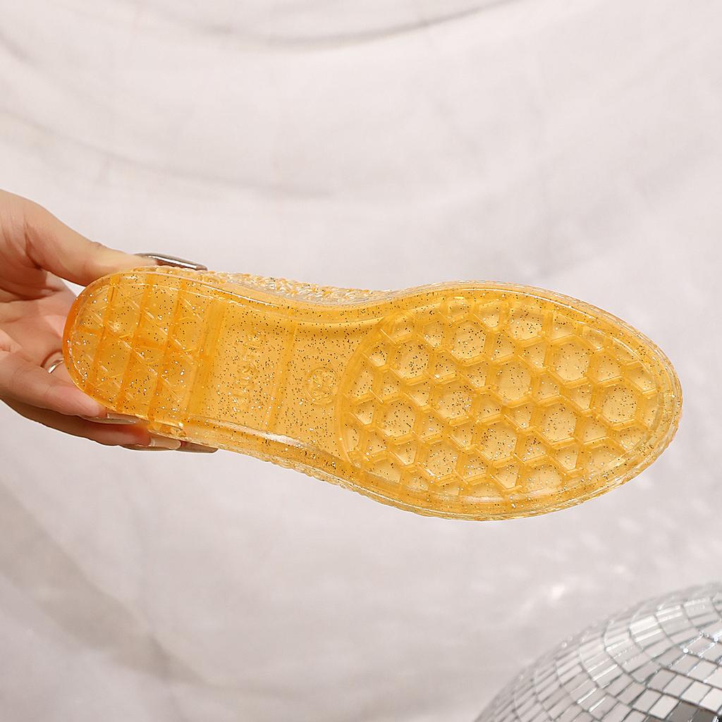 Fashion Summer 2025 Women Sandals Flat-soled Crystal Clogs Hollow Flat-soled Slip-ons Shallow Mouth Roman Jelly Shoes Beach Sandals