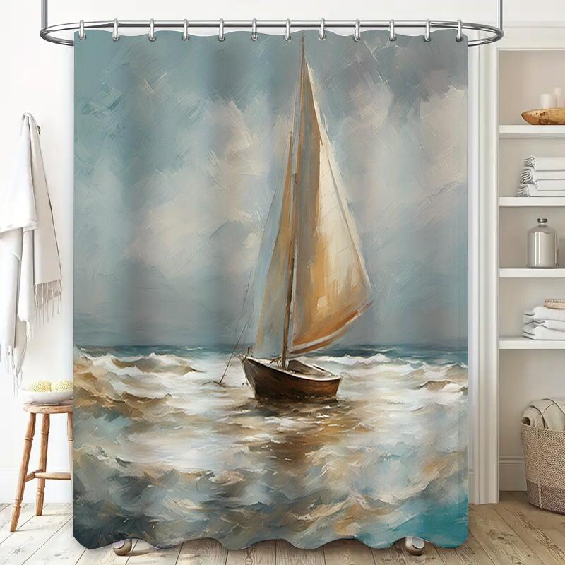 High Quality Oil Painting Print Shower Curtain Sailboat Waterproof Bathroom Decoration Modern Artistic Home Decor 180x180cm