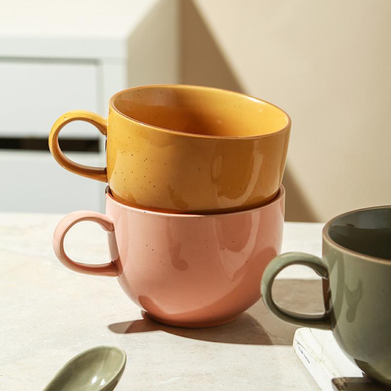 630ML Keramik-Kaffeetasse mit Henkel für Joghurt Porzellan Milchbecher Goldener Rührlöffel Spülmaschinenfest
