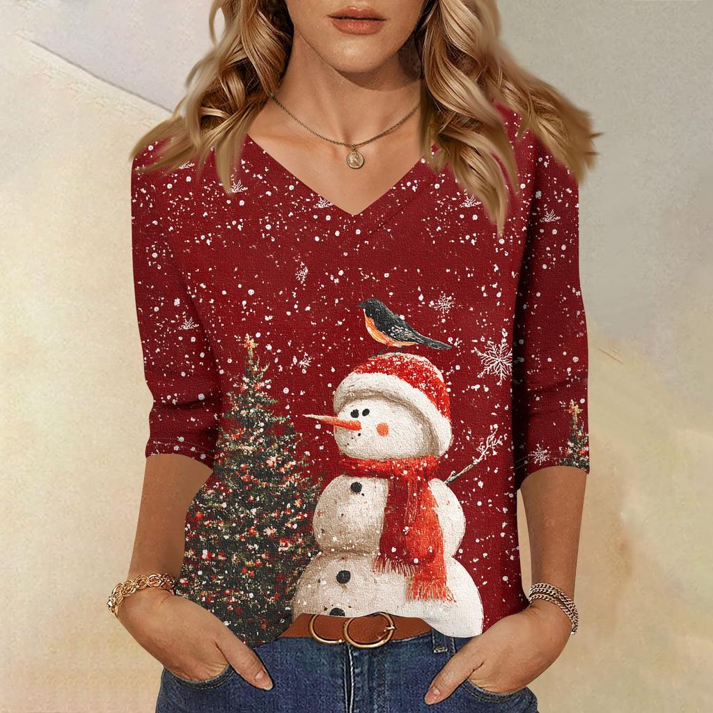 3/4 Sleeve Shirts For Women Print Christmas Tees Blouses Casual Plus Size Basic Tops Pullover