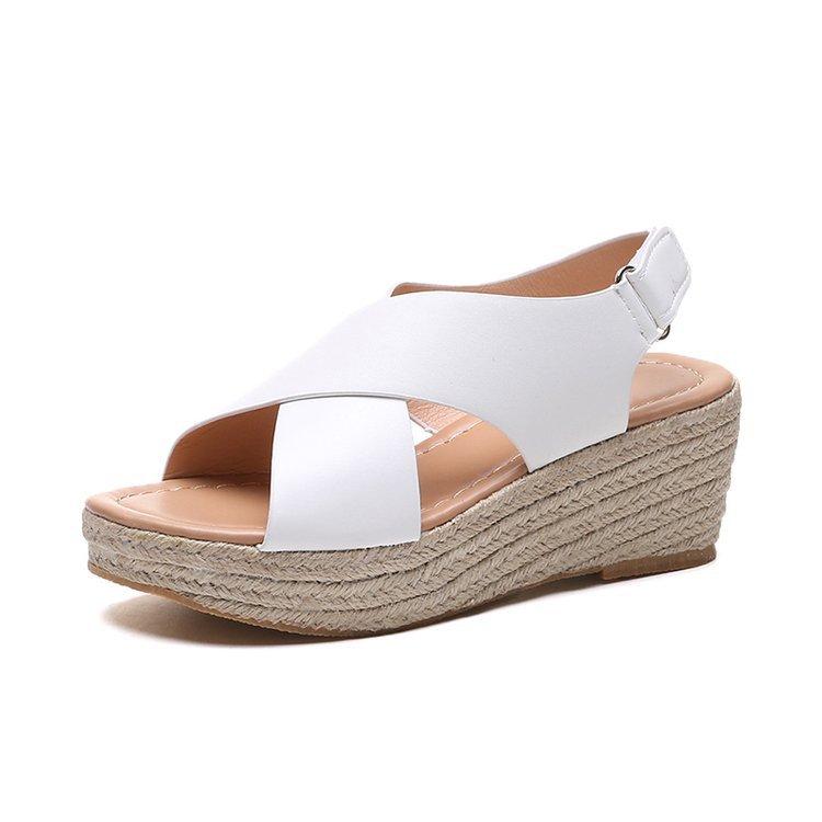 Wedge heel fish mouth shoes high heel women open toe magic tape cross sandals