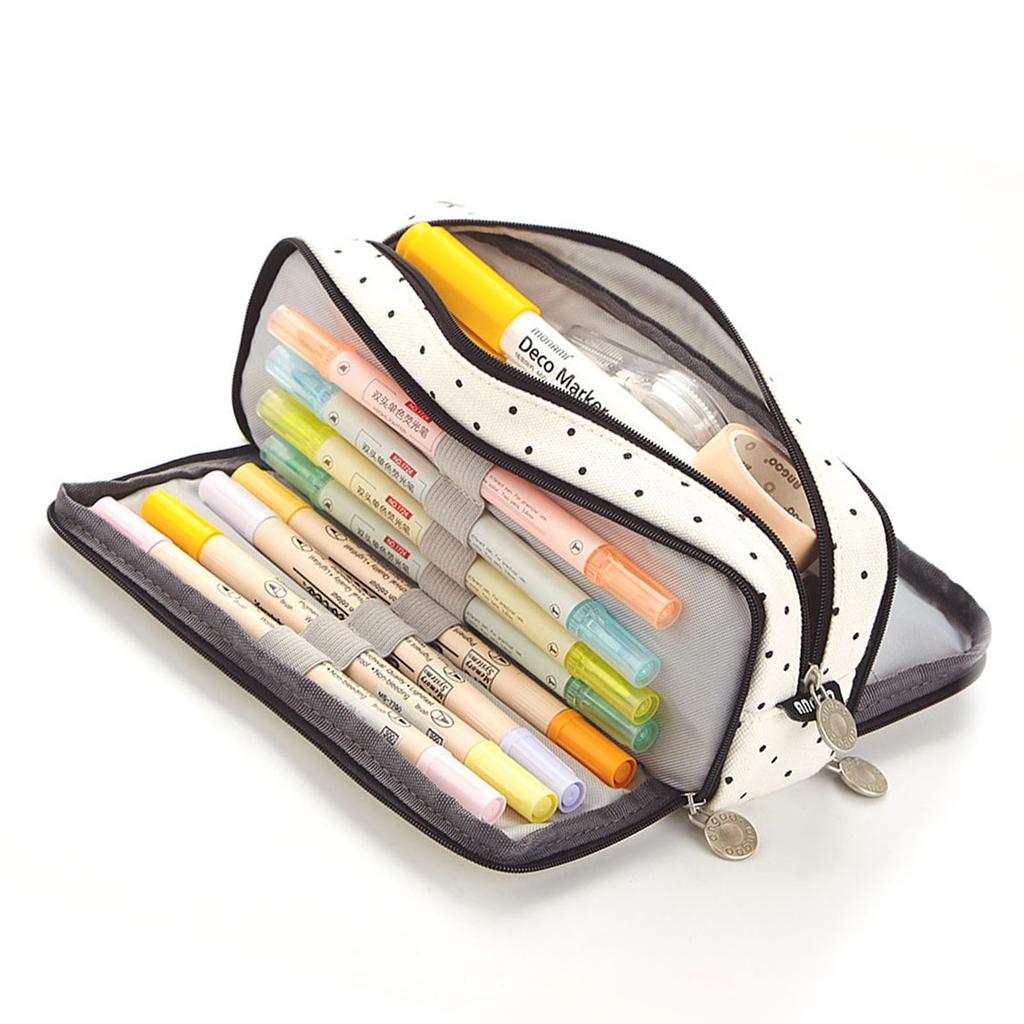 Large Capacity Pencil Case Multi Pocket Double Opening Cute Stationery Bag for Student School Black