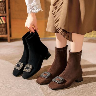 Square Head Suede Short Boots Annual Thick Heel Medium Boots Rhinestone Square Buckle Low Heel Spring and Autumn Single Boots