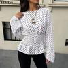Womens Casual Polka Dot Blouse Long Sleeve Crew Neck Shirred Waist Peplum Tops