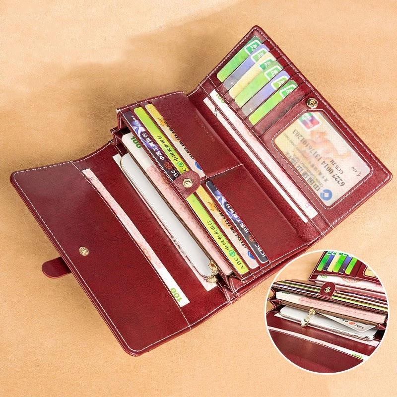 Vintage Damen Geldbörse aus echtem Leder Lang Dreifach gefaltet Clutch Große Kapazität mit Handy Elegant Damen Alltags-Reisetasche