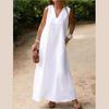Women's White Sleeveless V-Neck Maxi Dress with Side Slit, Casual Boho Long Dress