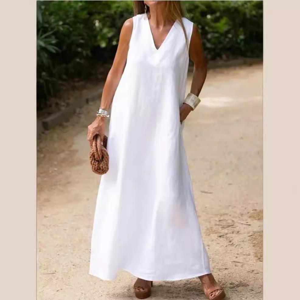 Women's Spring Summer Cotton Linen Maxi Dress, Deep V Neck Sleeveless Plus Size Loose Casual Long Dress with Pockets