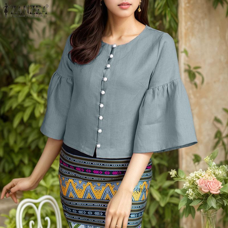 ZANZEA Kvinner Casual Rund Hals Ensfarget 3/4 Ermet Bluse