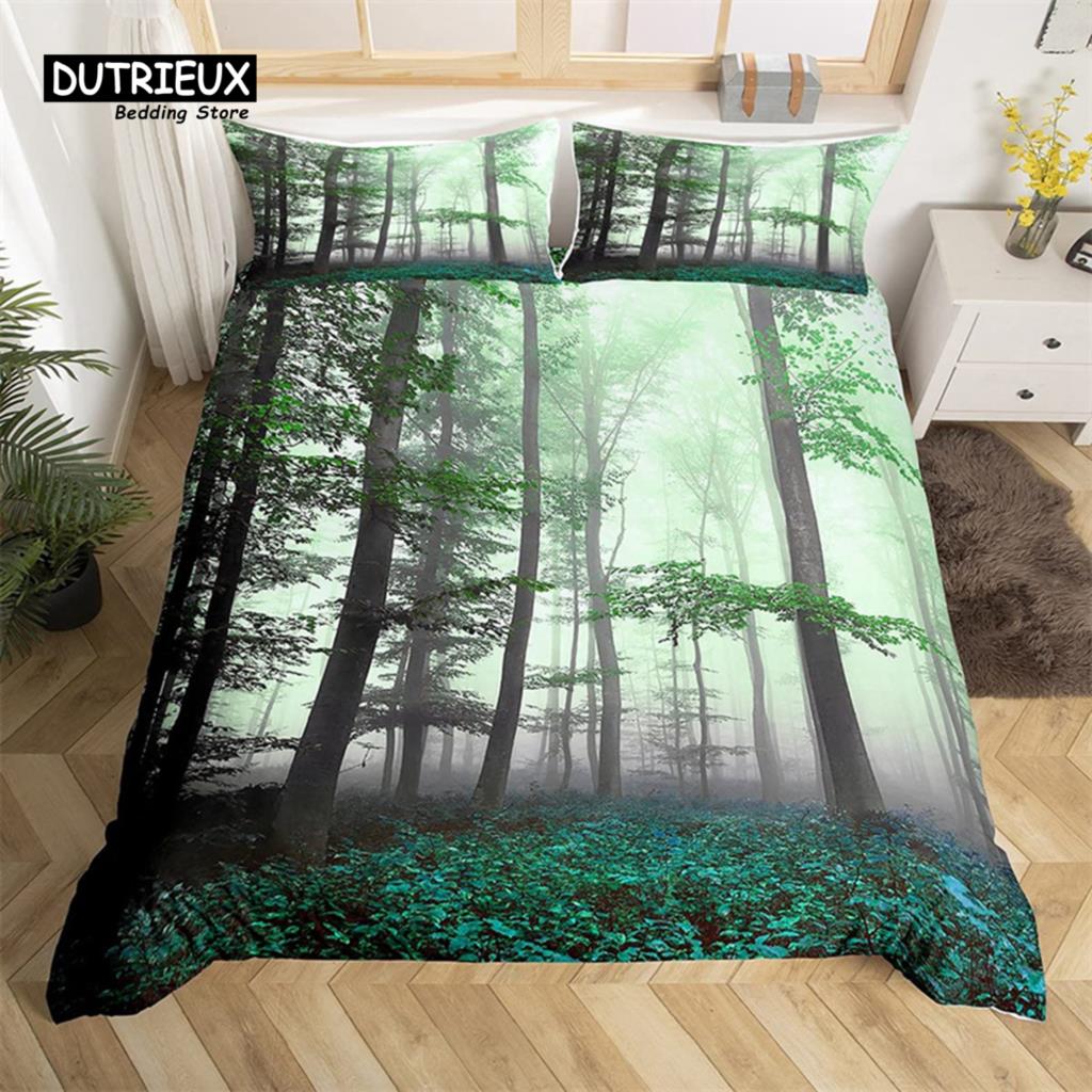 Dense Birch Trees with Red Leaves Duvet Cover Tree Lush King Bedding Set Polyester Jungle Nature Botanical Print Comforter Cover