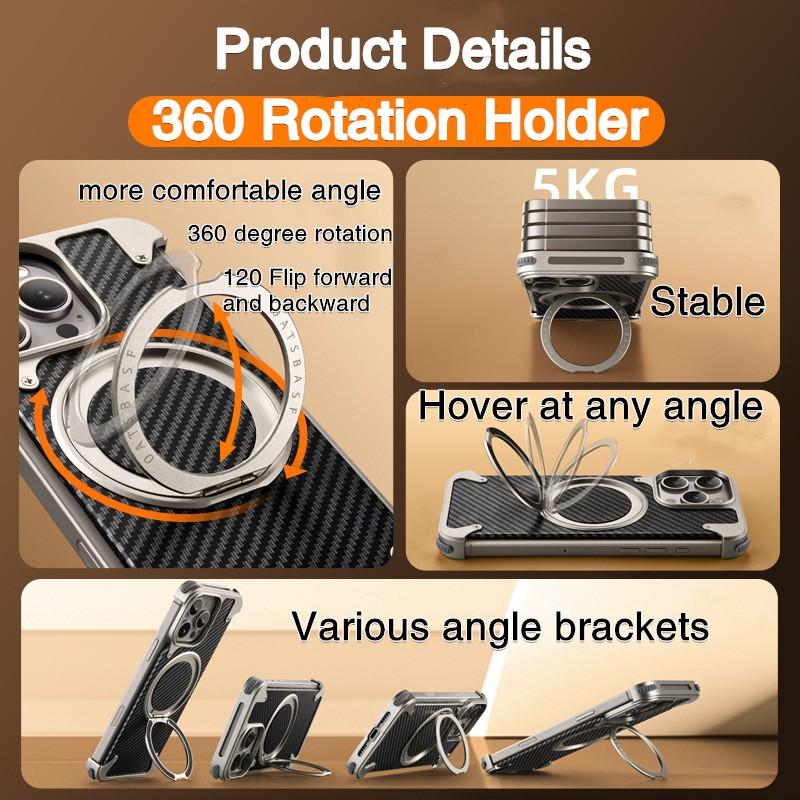 Luxury Business Men for iPhone 16 Pro Max Electroplated Metal Frame Carbon Fiber Textured Phone case with Magnetic Ring Stand