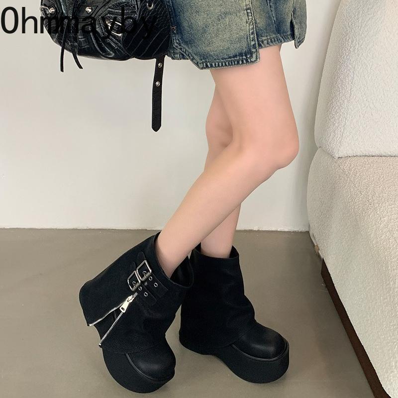 Thick Bottom Women Ankle Boots Designer Belt Buckle Platform Heel Shoes Autumn Winter Modern Short Booties