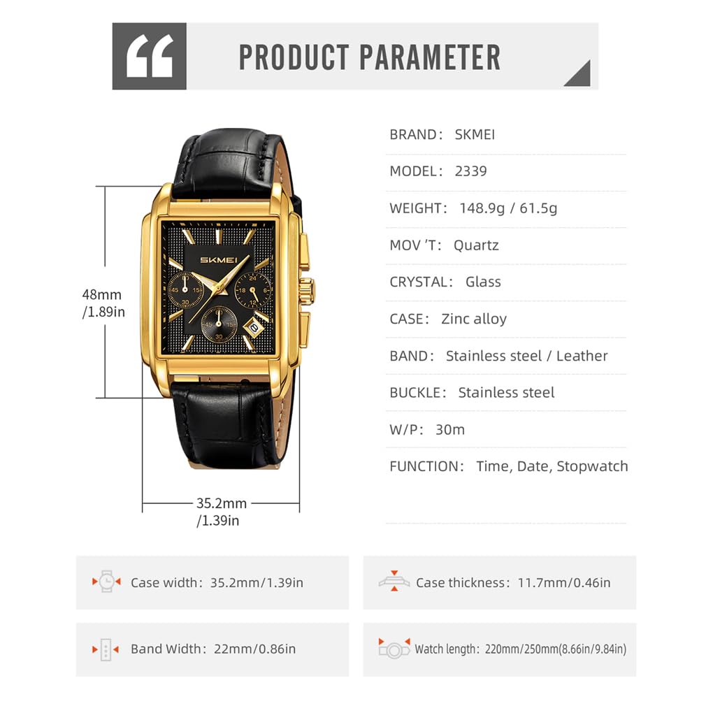 SKMEI Quadratische Uhr Schwarzes Lederarmband Stilvolle Armbanduhr Chronograph Wasserdicht Marke Analog Business Casual Uhr Luxus Geschenk Gold Schwarz Uhr für