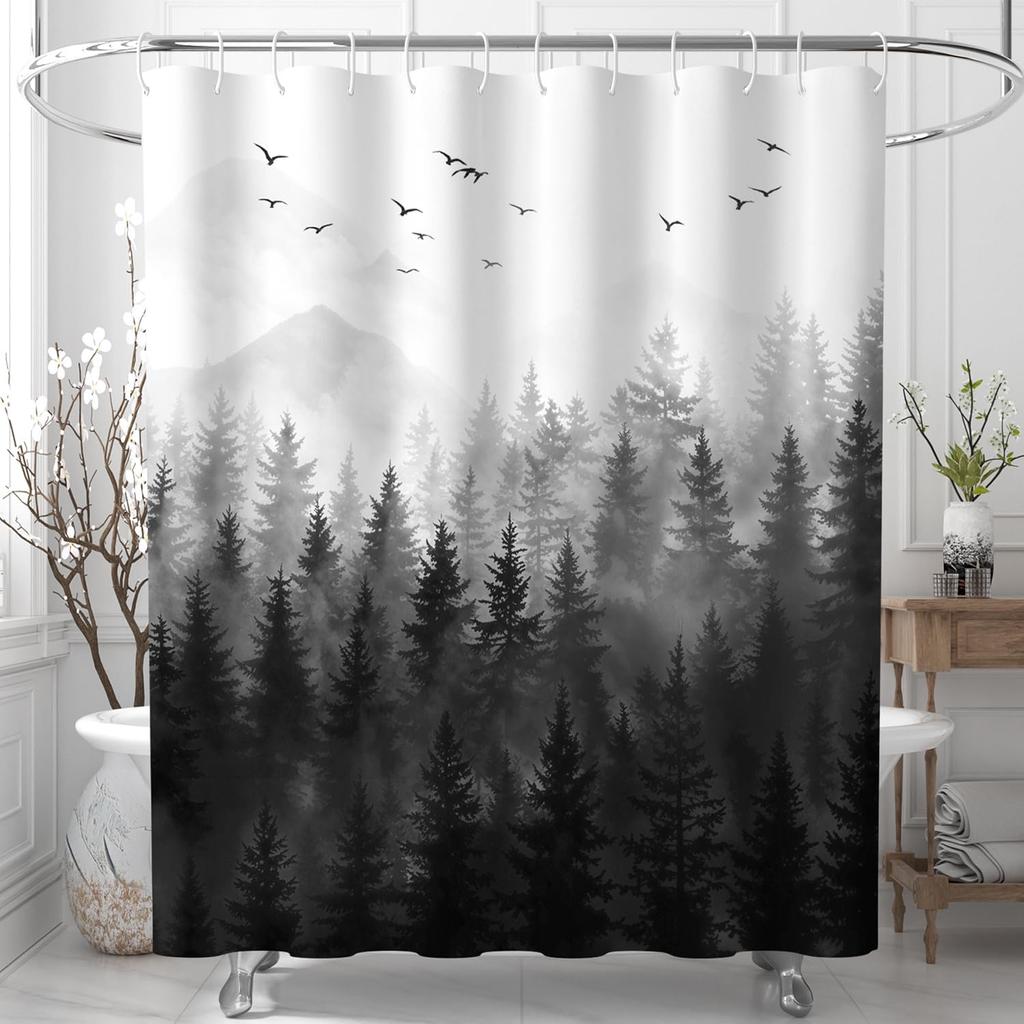 ChloropLastid Nature Forest Shower Curtain Black Woodland Pine Tree Landscape Bathtub Curtain Bath Decor Waterproof Polyester