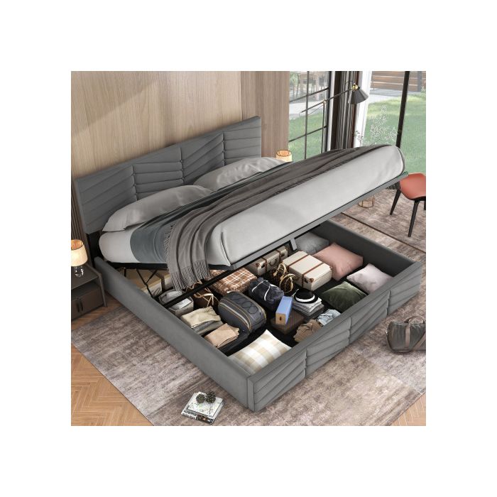 Lit Rembourré - MUVOE - 180 X 200 - Tête De Lit Réglable - Fonction De Stockage - Style Rayé