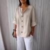 T-shirt da donna estiva nuova, larga, in cotone e lino, con scollo a V, bottoni, casual