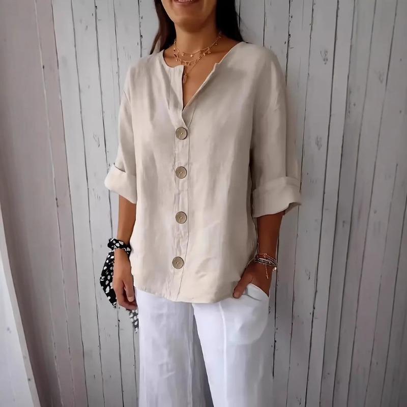 T-shirt da donna estiva nuova, larga, in cotone e lino, con scollo a V, bottoni, casual