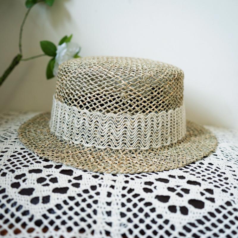Japanese Small Fresh Small Brim Salty Grass Seaweed Woven Flat Top Top Hat Women'S Summer Sunshade Fun Flower Small Straw Hat