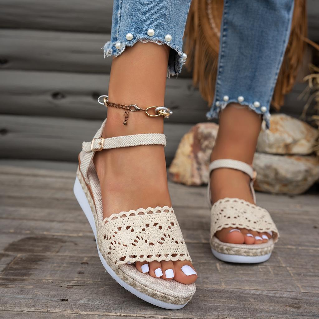 Fashion Sandals Women Braided Knot Button Ankle Strap Wedge Sandals Linen Wedge Summer Elegant Heel Platform Women's Shoes