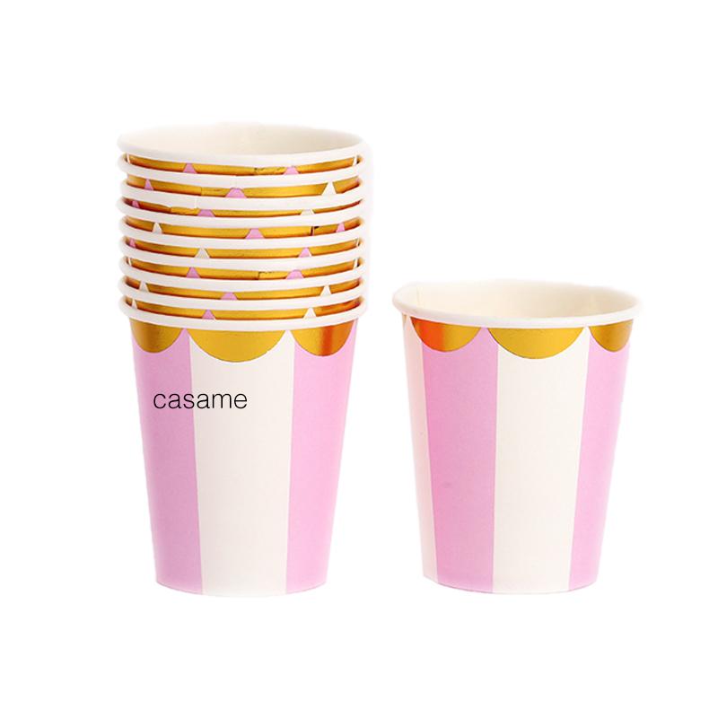 10 pezzi per 1 lotto Set di stoviglie monouso a righe blu rosa con pois Bicchieri di carta Piatti Cannucce Forchette Set monouso Decorazioni per feste di compleanno e matrimonio