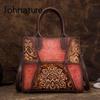Retro Women Bag Handmade Embossing Genuine Leather Floral Large Capacity Handbags Shoulder & Crossbody Bags