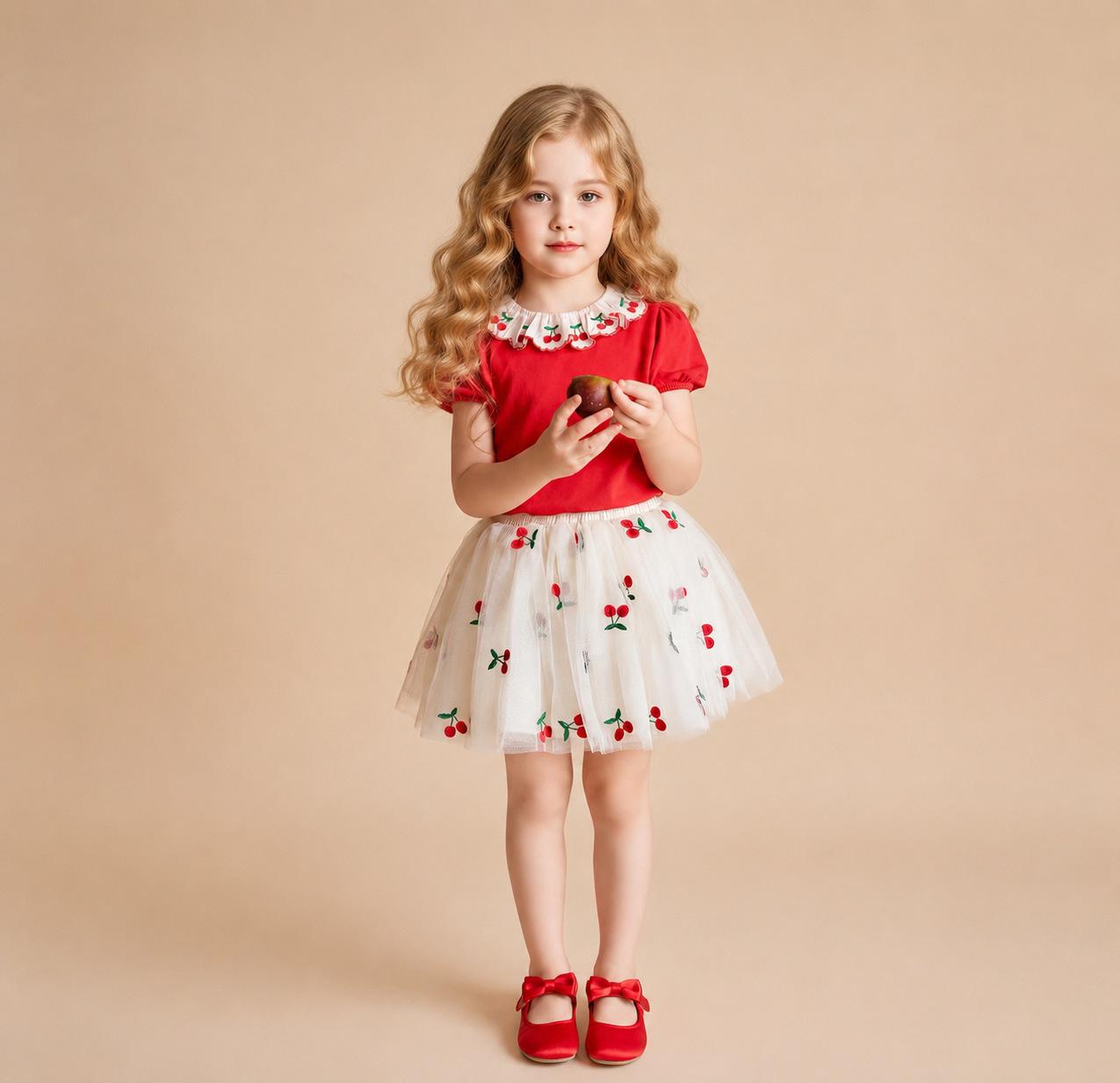 Girls Summer Red Embroidered Tulle Tutu Skirt Set Sweet Princess Two Piece Outfit 90