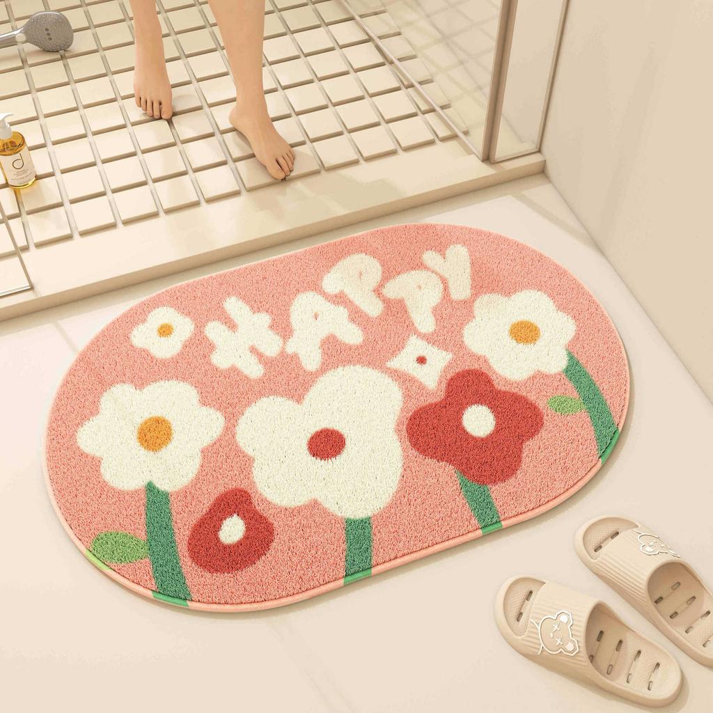 Cartoon Blume Badezimmer Bodenmatte, Duschraum, Wasseraufnahme an der Tür, Rutschfeste Imitat-Kaschmir-Bodenmatte, Haushalt Pflegeleicht