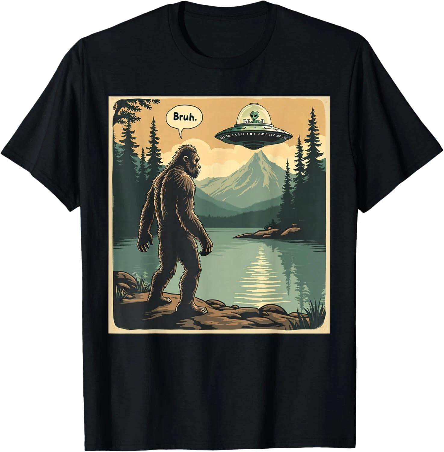 Funny Bigfoot Sasquatch Alien Spaceship UFO Introvert Bruh Gift Unisex T-Shirt S