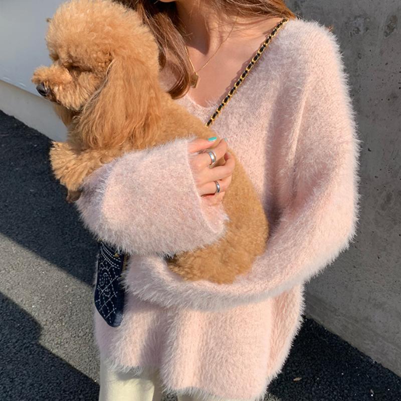 Fashion New Plush V-neck Pullover Sweaters for Women Autumn and Winter Loose Fit Mink Fur Casual Knitted Sweater Women Soft Warm Vintage Jumper 25778
