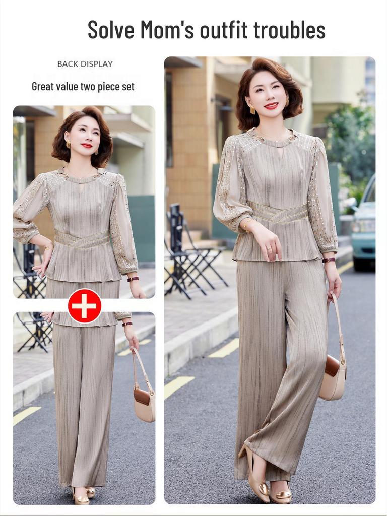 Elegant Autumn 2025 Satin Blouse & Seven-Sleeve Two-Piece Set for Middle-Aged and Elderly Women