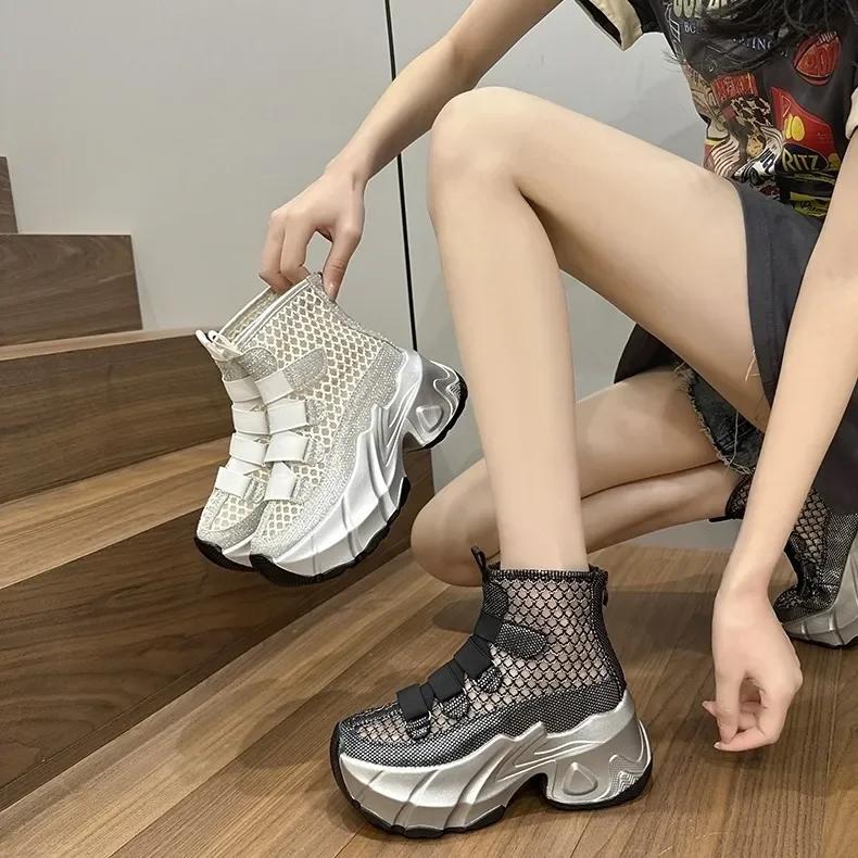 Fashion 7cm Air Mesh Denim 2024 Synthetic Breathable Ankle Boots Summer Hollow Ziper Boots Woman Fashion Shoes Comfortable Sandals