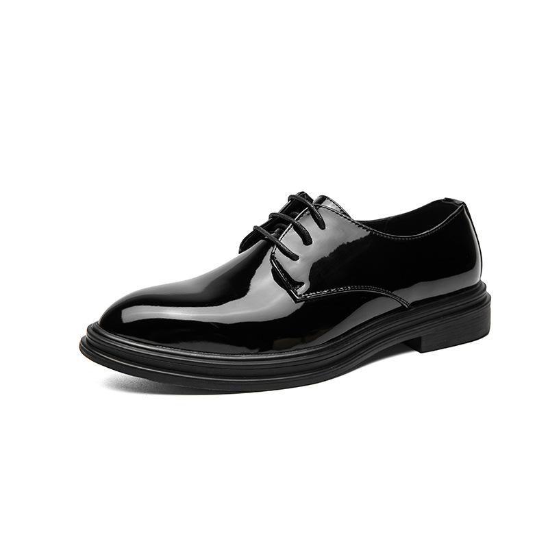 Korean Version of Glossy Pointed Business Leather Shoes Men's British Fashion Solid Color Dress Derby Shoes Black Versatile Lace-up Leather Shoes