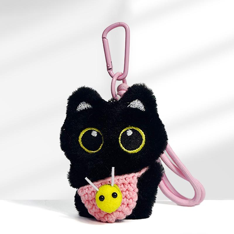 Cute Black Cat Keychain Pendant Backpack Hanging Plush Doll Kitty Cell Phone Charm Bag Keychain Halloween Pendant Keyring Decor
