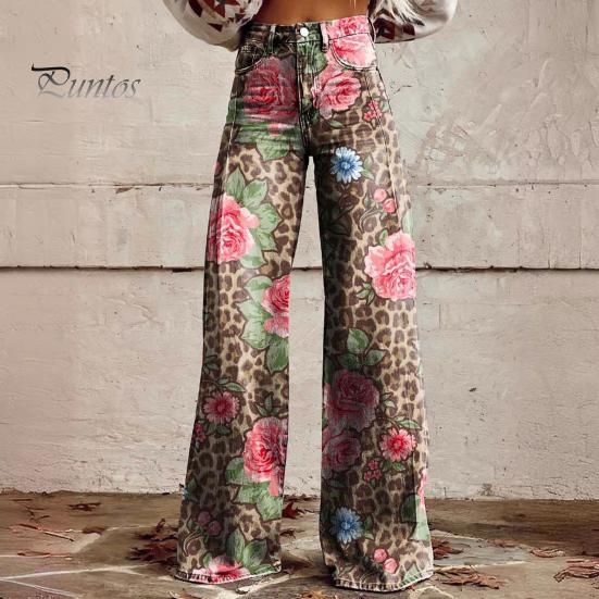 Dame Retro Casual Bukser Middels høyde Knapp Glidelåsgylf Vidt ben Lange Bukser med Lommer Digitalt Blomsterprint Fritidsbukser Streetwear