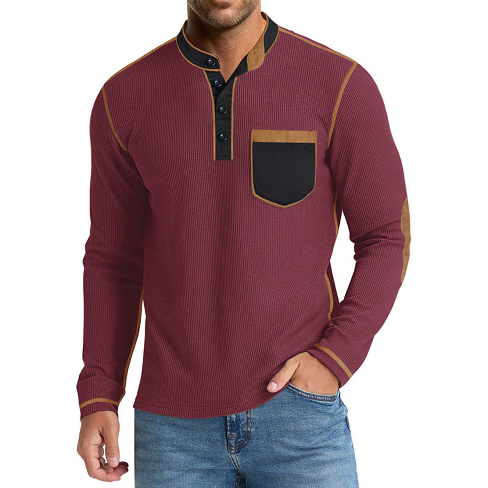 

Men s Casual Stand Collar Long Sleeve Shirt Color Block Single Pocket Button T-Shirt Top XL винный