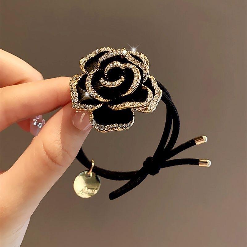 

1Pcs Women S Fashionable Tail Hair Bands Black High Elastic Tea Flower Hair Ties Versatile Stylish Hair Rings Premium Sensation one size