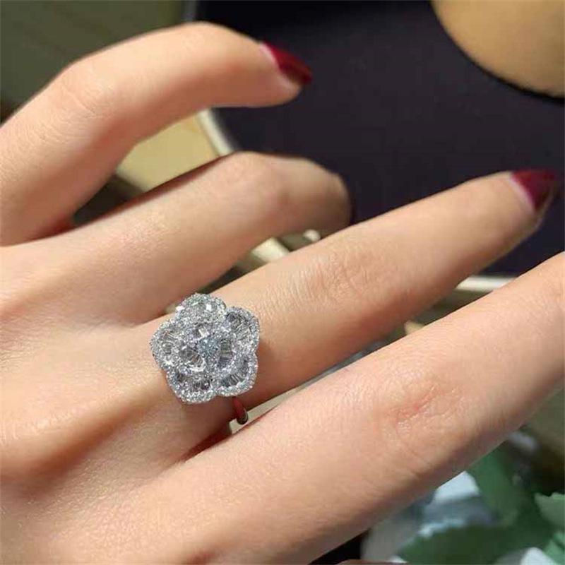 White Gold Camellia Flower Ring: Versatile, Luxurious, Full Diamond Jewelry for Women Adjustable