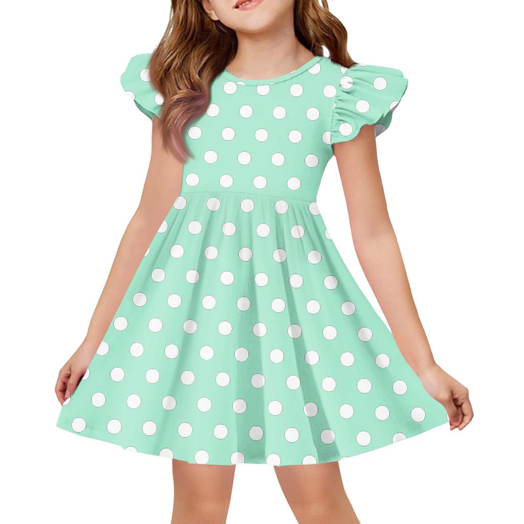Girls Short Sleeve Ruffle Polka Dot Dress Soft Cotton Crewneck Casual A Line Dress for Kids Summer Outfits