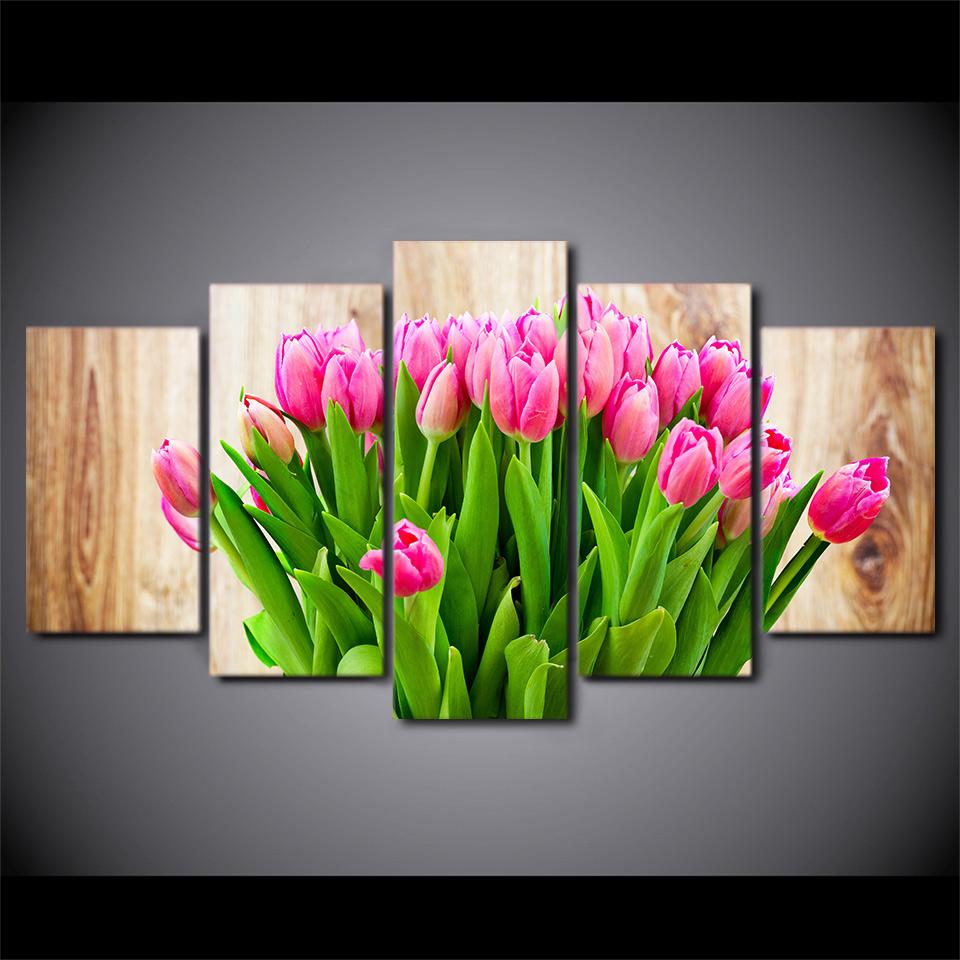 ArtSailing HD Printed 5 Piece Canvas Art Pink Tulip Painting Wall Pictures for Living Room Home Decoration