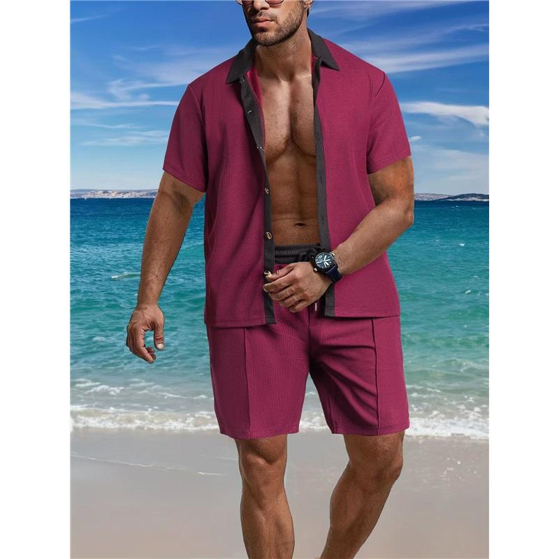 Men's  Color Block Knit Set Short Sleeve Shorts 2-Piece Summer Casual