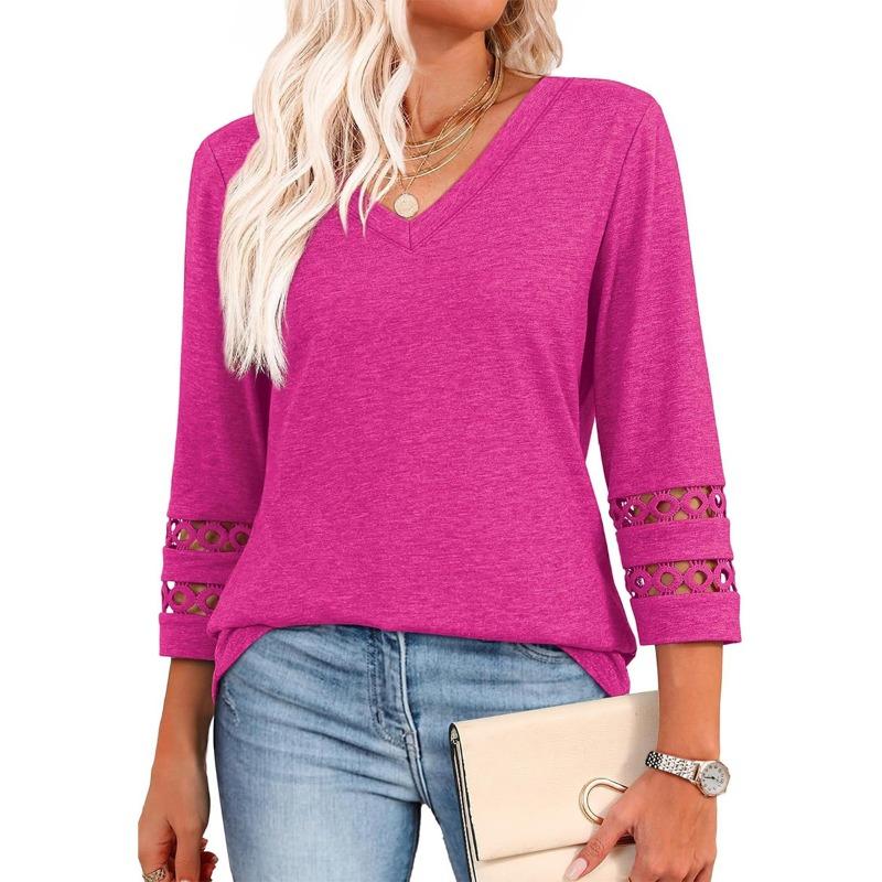 BITCED Women's Fashion Casual Solid Color Print Long Sleeve V-Neck Blouses & Shirts