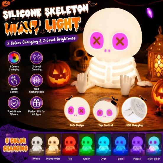 Kids Night Light Halloween Skeleton Light, Silicone Touch LED Bedside Lamp for Kids, Color Changing 8 RGB Dimmable Warm Desk Decor Bedroom Adjustable