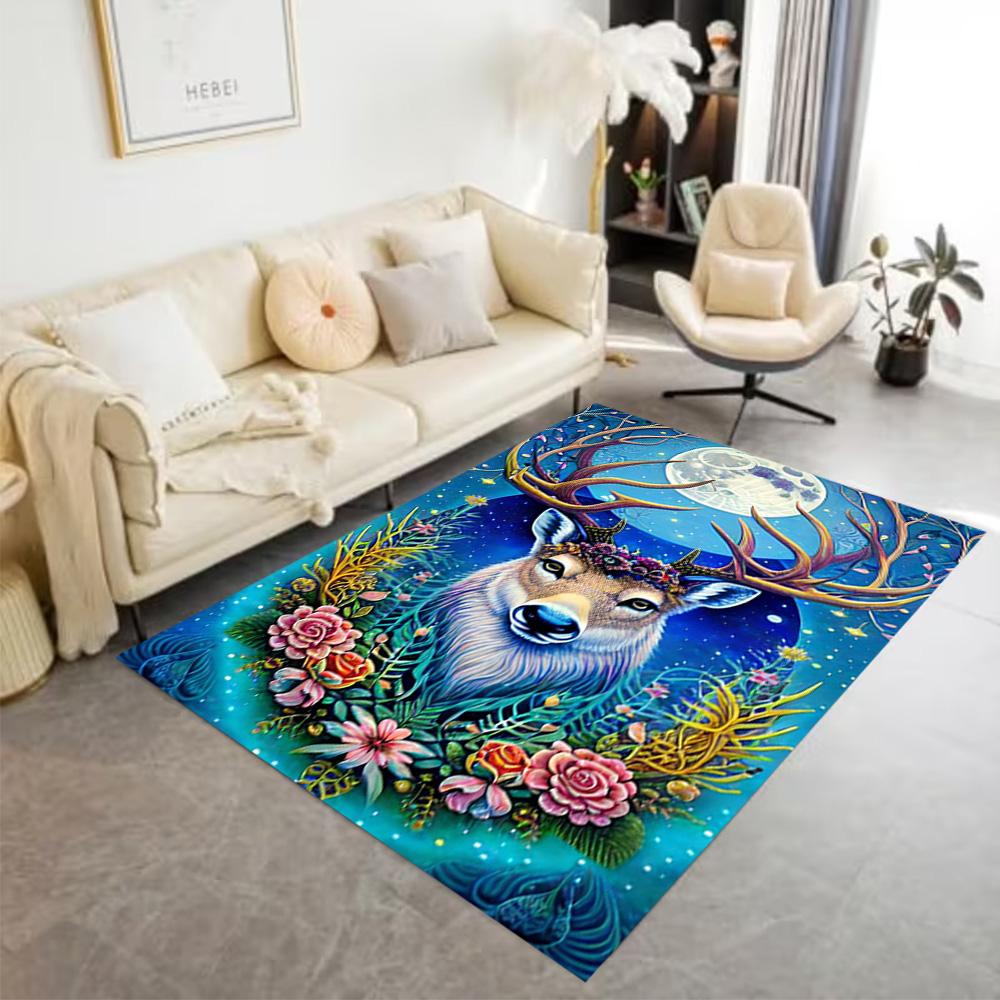 Floral Deer Rug Home Carpet Non Slip Office Decor Gift Living Room Bedroom