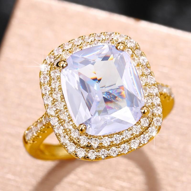 Square Micro-Set Pink Diamond Ring, Elegant Imitation Zircon Ring Wedding Ring.